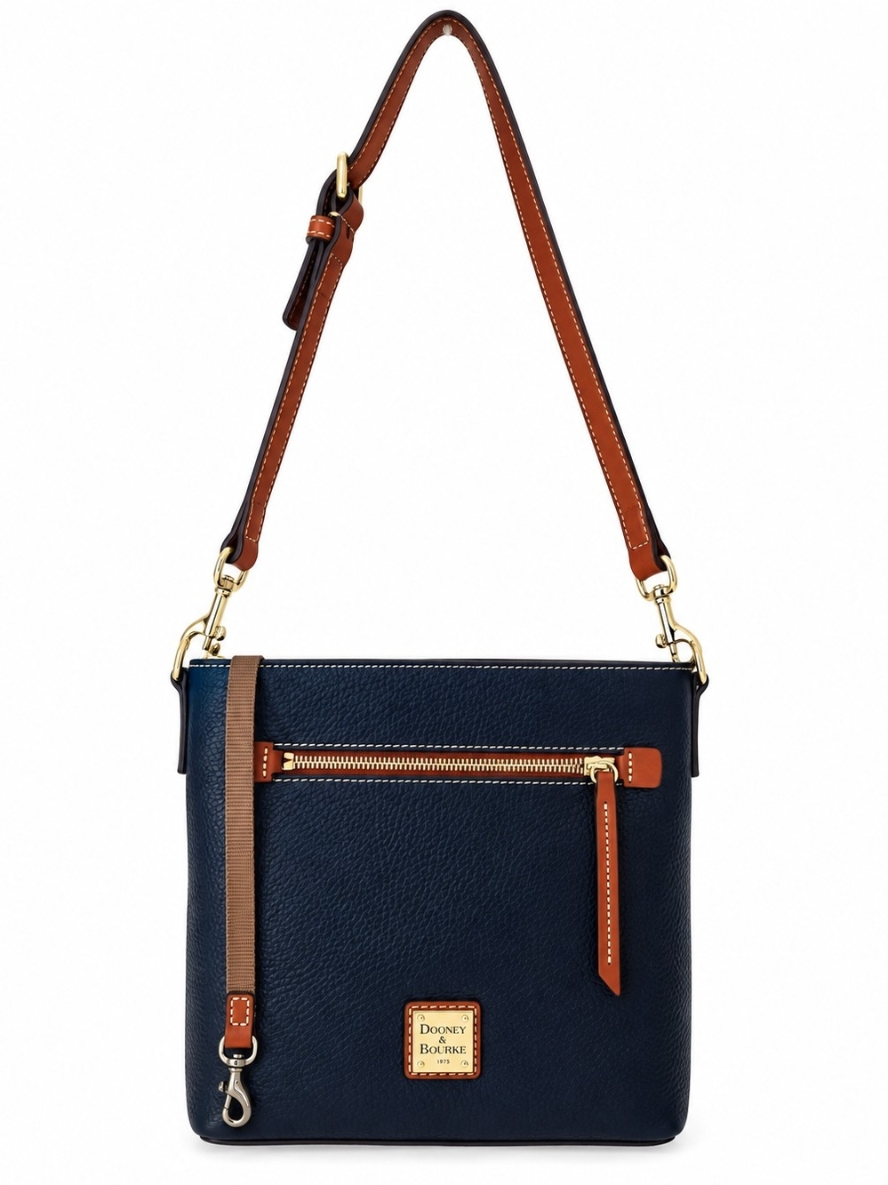 Dooney & Bourke Navy Blue Pebbled Leather Crossbody Bag Brown Trim Gold Hardware